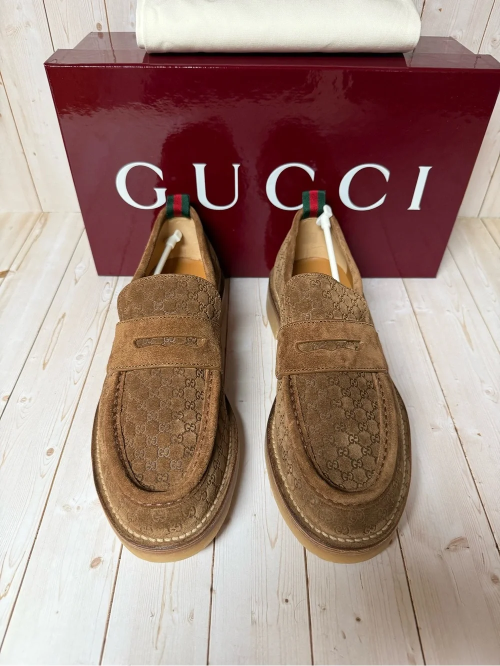 Gucci Luxury Suede Microguccissima Loafers Nocciola Brown Sz 8.5G / 9US